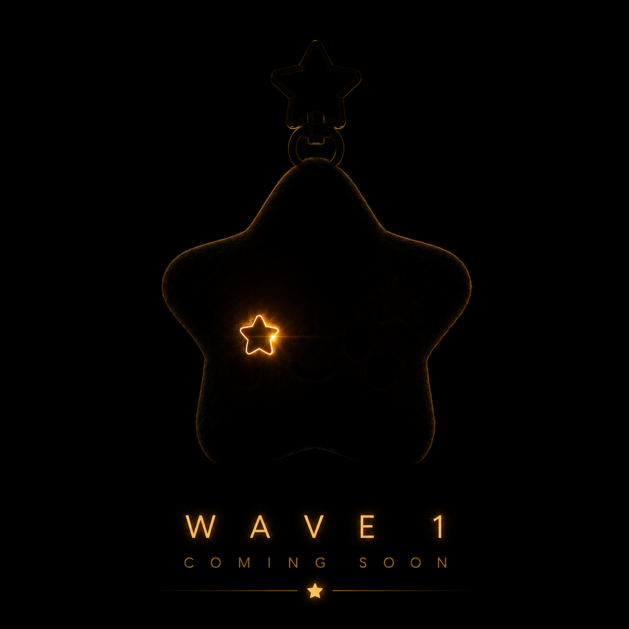 Starkey in silhouette — a star plush outlined in gold, one star eye glowing