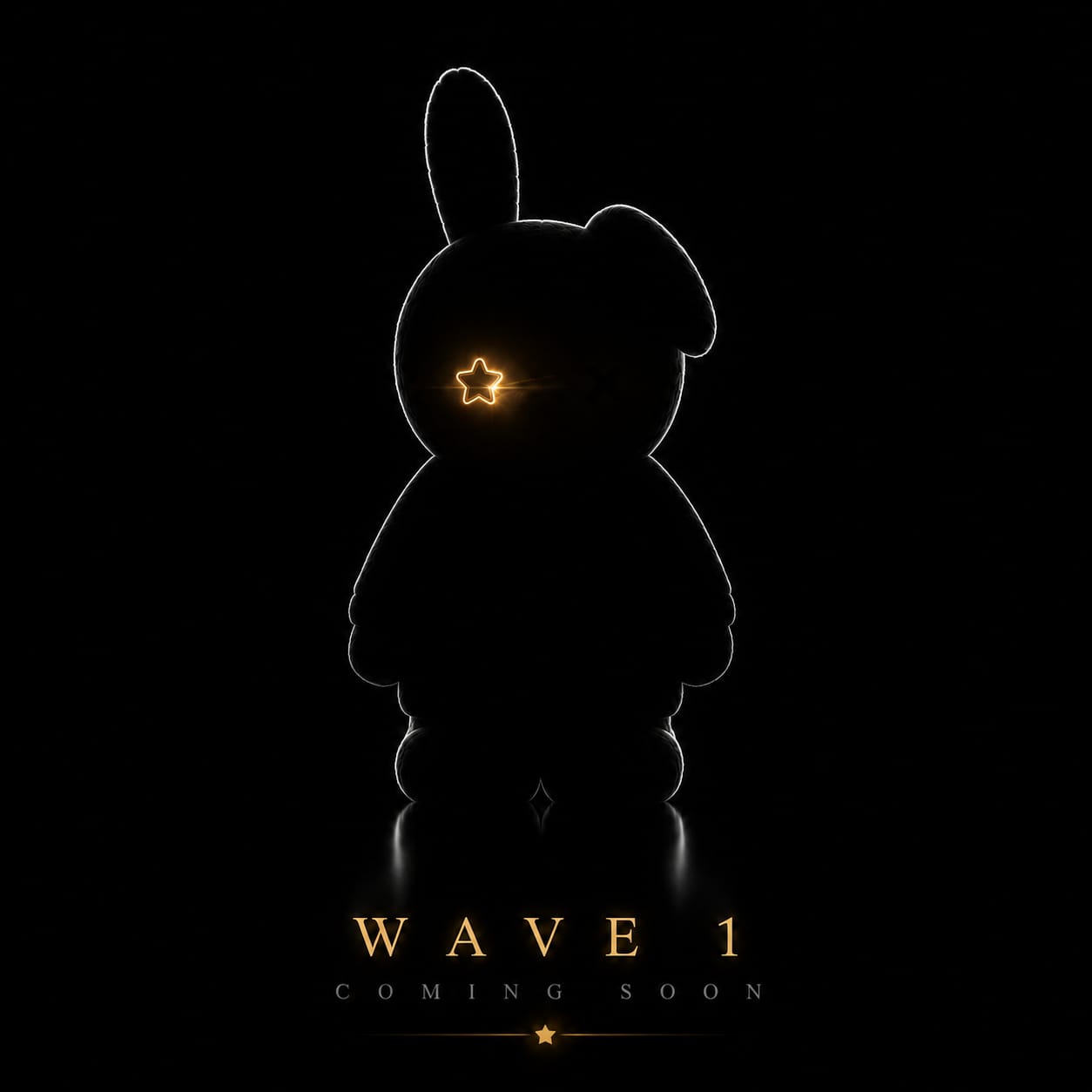 A bunny silhouette in darkness, one star-shaped eye glowing — Wave 1 coming soon